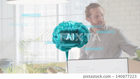 Floating teal brain labeled AI projecting UI overlays in office, presenter gesturing in light shirt 140877223