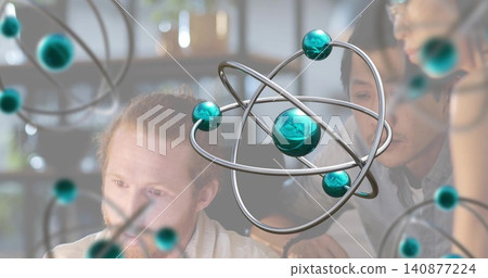 Showing 3D atom model in front while team discussing at desk with monitor, collared shirts, glasses Showing 3D atom model in front while team discussing at desk with monitor, collared shirts, glasses 140877224