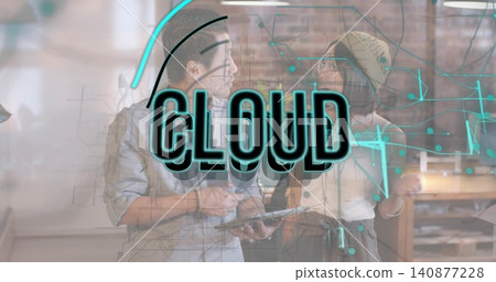 Reviewing team in casual business attire pointing at tablet and glass board, showing CLOUD overlay Reviewing team in casual business attire pointing at tablet and glass board, showing CLOUD overlay 140877228