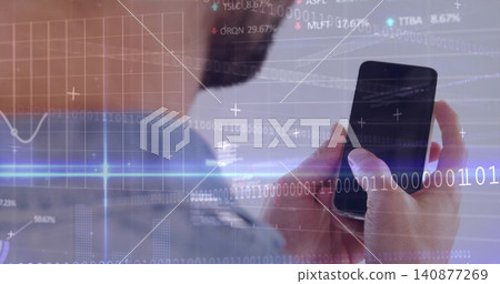 Tapping man in collared shirt holding smartphone in office, hands and data overlays, copy space Tapping man in collared shirt holding smartphone in office, hands and data overlays, copy space 140877269