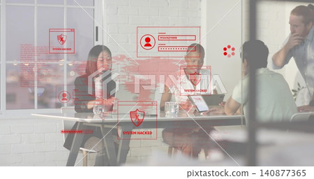 Viewing four colleagues in business attire using laptops at meeting table, displaying SYSTEM HACKED 140877365