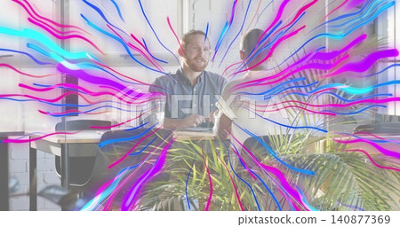 Talking man in blue shirt, woman in striped top discussing at office with laptop, plant, overlay Talking man in blue shirt, woman in striped top discussing at office with laptop, plant, overlay 140877369
