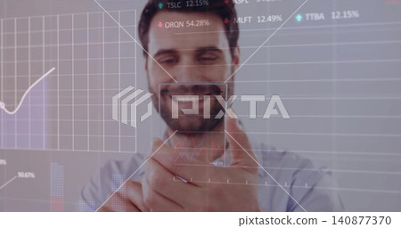 Using smartphone, man in light collared shirt viewing AR charts, grid, face box at tech office Using smartphone, man in light collared shirt viewing AR charts, grid, face box at tech office 140877370