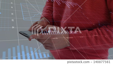 Tapping adult male in red sweater holding and scrolling smartphone at studio with data overlays Tapping adult male in red sweater holding and scrolling smartphone at studio with data overlays 140877381
