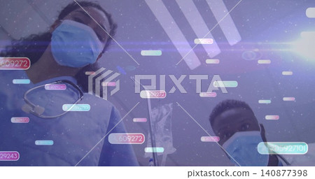 Leaning masked clinicians in scrubs peering over camera in ward, with IV pole and AR overlay Leaning masked clinicians in scrubs peering over camera in ward, with IV pole and AR overlay 140877398