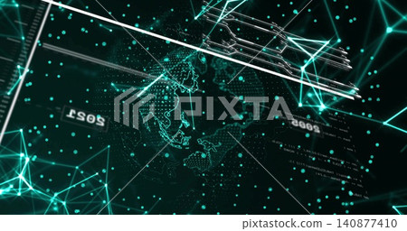 Rotating dotted globe highlighting Asia-Pacific at virtual 3D HUD, showing glowing nodes Rotating dotted globe highlighting Asia-Pacific at virtual 3D HUD, showing glowing nodes 140877410
