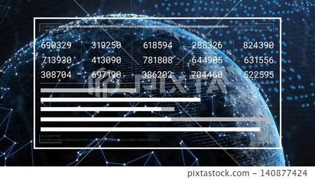 Displaying centered white HUD showing six-digit grid and bars over Earth, nodes connecting Displaying centered white HUD showing six-digit grid and bars over Earth, nodes connecting 140877424