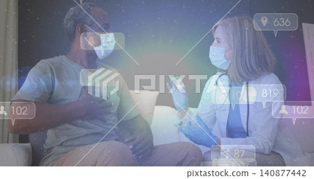 Showing clinician holding vial while patient holding chest at home, with white coat and stethoscope Showing clinician holding vial while patient holding chest at home, with white coat and stethoscope 140877442