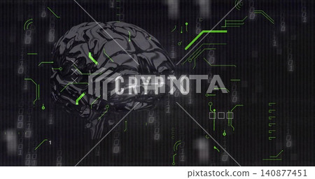 Glowing metallic brain overlaying CRYPTO text in cyber space, neon circuits and binary streams Glowing metallic brain overlaying CRYPTO text in cyber space, neon circuits and binary streams 140877451