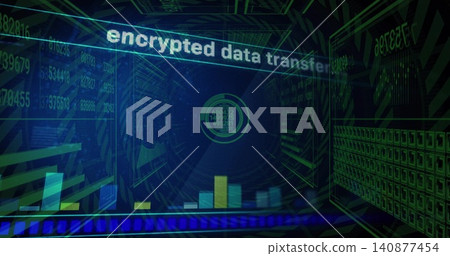 Projecting central HUD and bar chart in virtual data tunnel, showing header encrypted data transfe Projecting central HUD and bar chart in virtual data tunnel, showing header encrypted data transfe 140877454