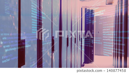 Glowing server racks reflecting bluish LED lights in data center corridor, showing code overlay Glowing server racks reflecting bluish LED lights in data center corridor, showing code overlay 140877458
