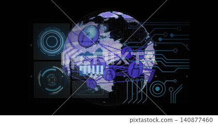 Displaying central globe connecting user icons and network nodes on virtual dashboard, with HUD Displaying central globe connecting user icons and network nodes on virtual dashboard, with HUD 140877460