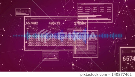 Showing data dashboard centering on magenta, with keyboard, blue waveform, numeric IDs, mesh Showing data dashboard centering on magenta, with keyboard, blue waveform, numeric IDs, mesh 140877461