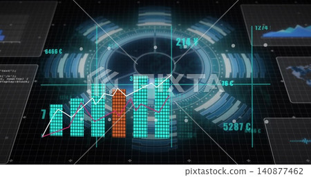 Projecting radial interface at virtual dashboard, displaying tiled bar chart and two line graphs 140877462