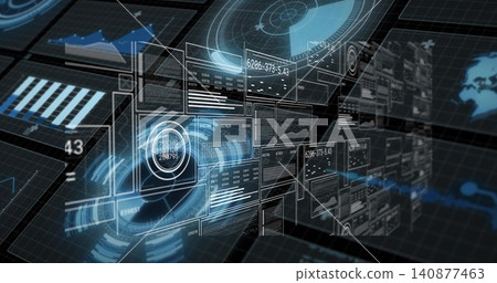 Floating cluster of holographic data panels hovering over dark grid plane, showing charts and globe Floating cluster of holographic data panels hovering over dark grid plane, showing charts and globe 140877463