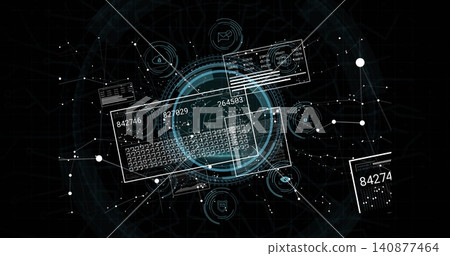Displaying central circular HUD with keyboard outline in cyber dashboard, showing numeric panels Displaying central circular HUD with keyboard outline in cyber dashboard, showing numeric panels 140877464