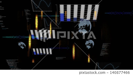 Showing layered data console on dark screen, with striped bars, globe icons, blue waves, telemetry 140877466