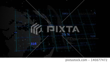 Rotating central digital grid and curved dotted ribbons over HUD, showing left dotted map 79% Rotating central digital grid and curved dotted ribbons over HUD, showing left dotted map 79% 140877472