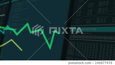 Displaying neon green jagged line graph across three vertical monitors at console, with hex dump Displaying neon green jagged line graph across three vertical monitors at console, with hex dump 140877478