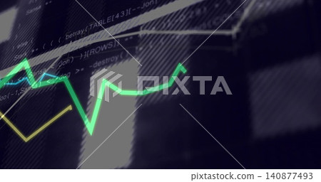 Displaying neon green line graph tracing peaks on digital dashboard, with yellow line and code text Displaying neon green line graph tracing peaks on digital dashboard, with yellow line and code text 140877493