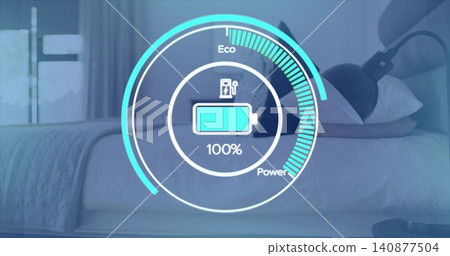 Floating HUD showing 100%, charger symbol, Eco or Power arcs in modern bedroom with bed lamp window Floating HUD showing 100%, charger symbol, Eco or Power arcs in modern bedroom with bed lamp window 140877504
