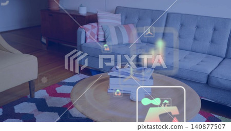 Showing round wooden coffee table holding stacked books and white bowl in living room, with AR Showing round wooden coffee table holding stacked books and white bowl in living room, with AR 140877507