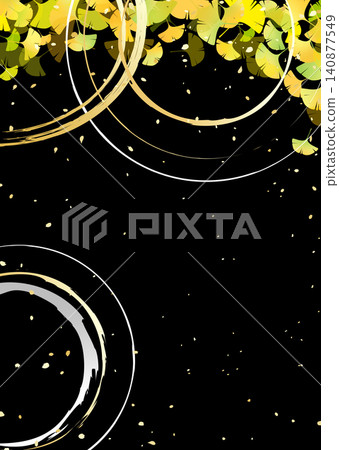 A vibrant gradient of ginkgo leaves and a Japanese pattern illustration resembling water ripples. 140877549