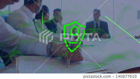 Writing hand holding pen and watch editing docs at glass boardroom with suits green shield overlay Writing hand holding pen and watch editing docs at glass boardroom with suits green shield overlay 140877610