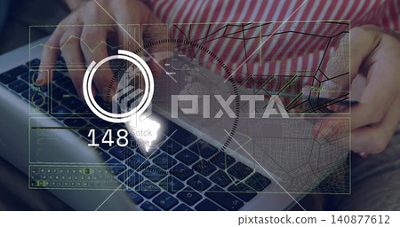 Typing hands wearing red-and-white striped top pressing laptop keys at home, with smartphone HUD Typing hands wearing red-and-white striped top pressing laptop keys at home, with smartphone HUD 140877612