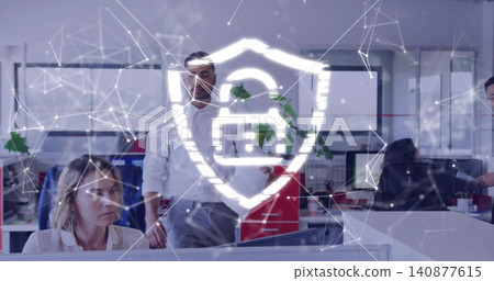 Projecting clear shield with padlock across open office, staff using monitors, man in white shirt Projecting clear shield with padlock across open office, staff using monitors, man in white shirt 140877615