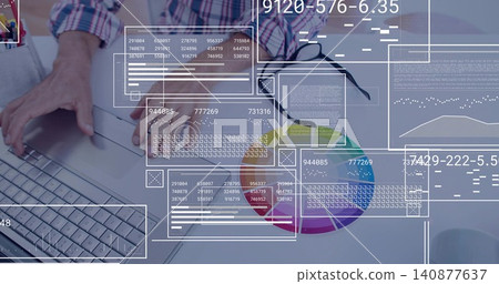 Typing man in plaid shirt, sleeves rolled, at office desk with laptop, color wheel, glasses, HUD Typing man in plaid shirt, sleeves rolled, at office desk with laptop, color wheel, glasses, HUD 140877637