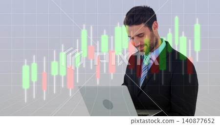 Male businessman analyzing financial data on laptop in office, with candlestick chart, suit and tie Male businessman analyzing financial data on laptop in office, with candlestick chart, suit and tie 140877652