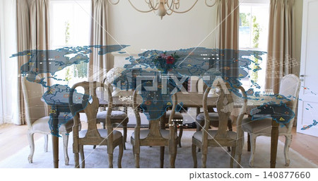 Displaying wood table and eight chairs in dining room, blue world map overlay with data nodes Displaying wood table and eight chairs in dining room, blue world map overlay with data nodes 140877660