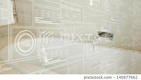 Highlighting white sink and chrome faucet at bathroom vanity, showing HUD overlays and wood slats Highlighting white sink and chrome faucet at bathroom vanity, showing HUD overlays and wood slats 140877662