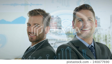 Standing men in dark suits and ties smiling back-to-back in office, with digital HUD and windows Standing men in dark suits and ties smiling back-to-back in office, with digital HUD and windows 140877690