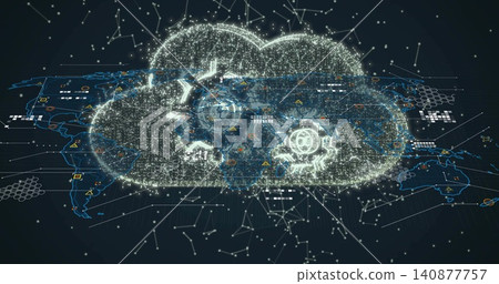 Floating luminous digital cloud hologram hovering above virtual 3D map, displaying security icons 140877757