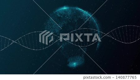 Displaying stylized DNA helix spanning digital art, with particle globe and faint ticks Displaying stylized DNA helix spanning digital art, with particle globe and faint ticks 140877765