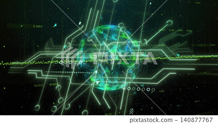 Rotating holographic globe emitting neon circuits across digital HUD, with green dotted waveform Rotating holographic globe emitting neon circuits across digital HUD, with green dotted waveform 140877767