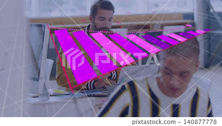 Sitting man in striped sweater reading in office, laptop, magenta 3D barchart overlay, copy space Sitting man in striped sweater reading in office, laptop, magenta 3D barchart overlay, copy space 140877778