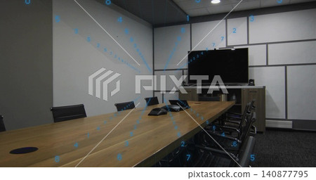 Occupying long wooden table leading to back in meeting room, with two speakerphones, display Occupying long wooden table leading to back in meeting room, with two speakerphones, display 140877795