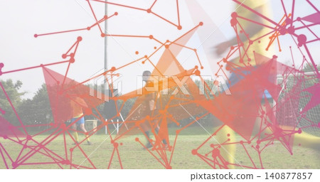 Playing adult men in shorts competing for soccer ball on park field, goal, speaker, polygon overlay Playing adult men in shorts competing for soccer ball on park field, goal, speaker, polygon overlay 140877857