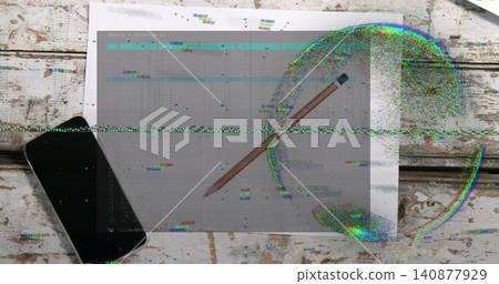 Showing printed sheet with diagonal wooden pencil on worn white tabletop, phone, headphones, glitch Showing printed sheet with diagonal wooden pencil on worn white tabletop, phone, headphones, glitch 140877929