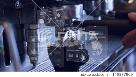 Positioning right hand placing portafilter under espresso group head at cafe, with holographic UI Positioning right hand placing portafilter under espresso group head at cafe, with holographic UI 140877969
