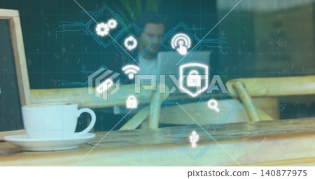 Featuring white ceramic cup on saucer on wooden table in cafe, with holographic security icons Featuring white ceramic cup on saucer on wooden table in cafe, with holographic security icons 140877975