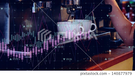 Dispensing espresso machine pulling into white cup at cafe, with charts and forearm in dark t-shirt Dispensing espresso machine pulling into white cup at cafe, with charts and forearm in dark t-shirt 140877979