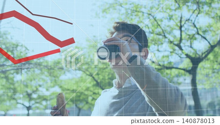 Drinking man standing outdoors in shirt, sweater, glasses, holding mug and sandwich, data overlay Drinking man standing outdoors in shirt, sweater, glasses, holding mug and sandwich, data overlay 140878013