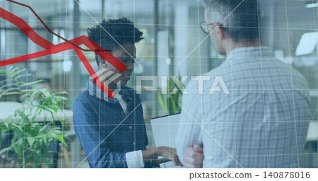 Holding laptop, denim woman pointing screen, man listening in office, grid red graph overlay Holding laptop, denim woman pointing screen, man listening in office, grid red graph overlay 140878016