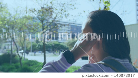Adjusting woman tucking wired earbud at park, purple sweater, backpack, watch, waveform, copy space Adjusting woman tucking wired earbud at park, purple sweater, backpack, watch, waveform, copy space 140878017