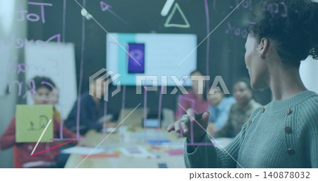 Writing woman in green sweater sketching on glass board in meeting room, purple marker, copy space Writing woman in green sweater sketching on glass board in meeting room, purple marker, copy space 140878032
