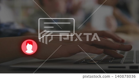 Typing hands pressing keys on laptop keyboard at cafe table, showing speech-bubble and red avatar Typing hands pressing keys on laptop keyboard at cafe table, showing speech-bubble and red avatar 140878036